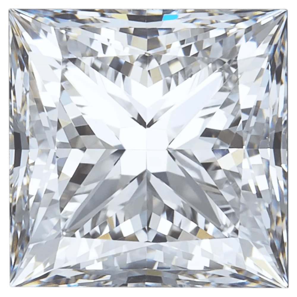 A square princess diamond featuring a shallow crown and sharp corners, offering high brilliance at a lower price per carat than round cuts.