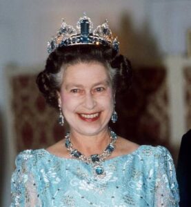 Queen Elizabeth II wearing the Brazilian Aquamarine Tiara