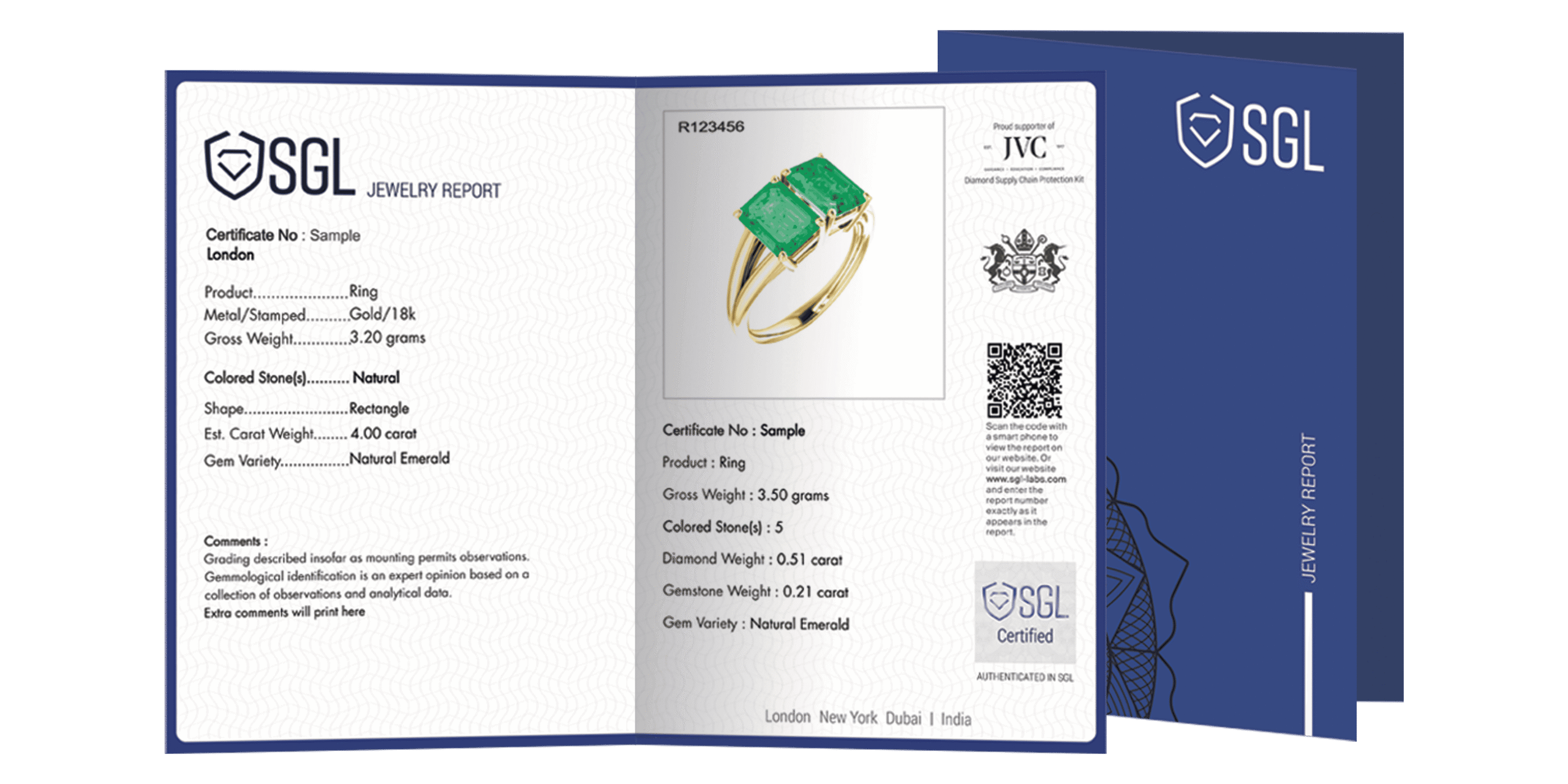 Sample SGL report for an emerald and gold ring, providing certification for both the colored gemstone and the precious metal mounting.