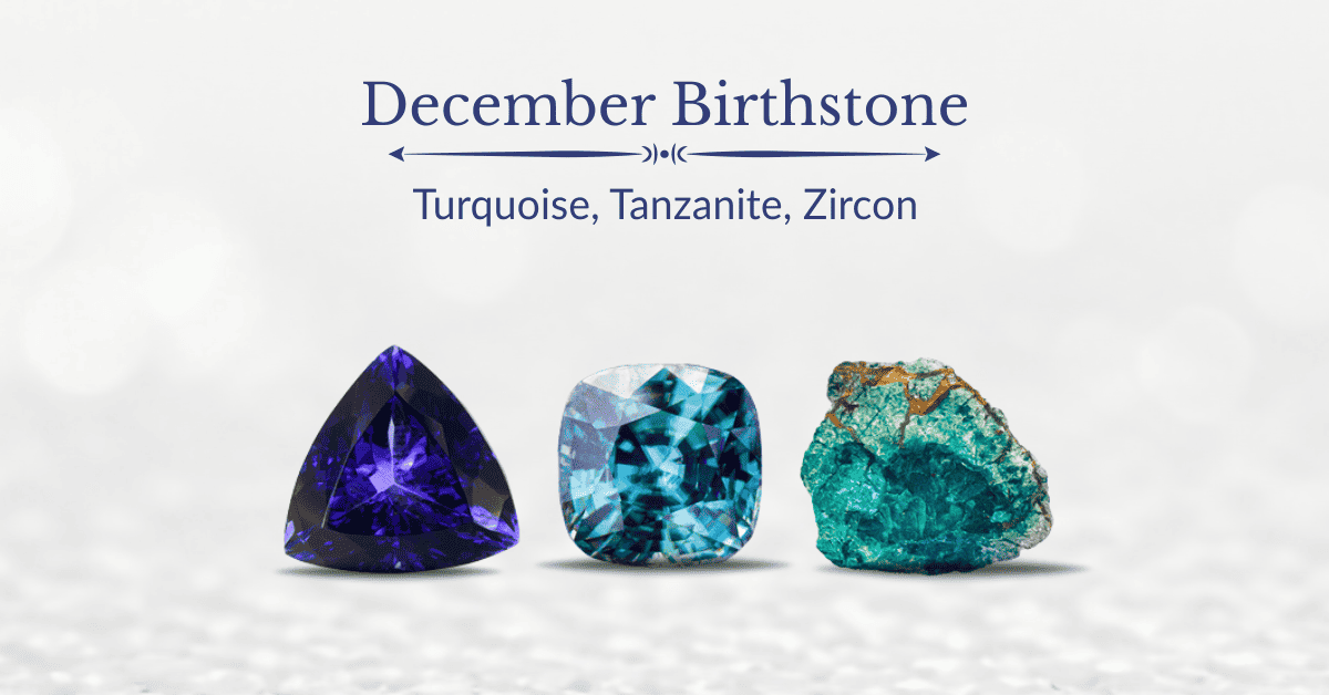 SGL Blog banner for December birthstones, showcasing a vibrant trio of tanzanite, turquoise, and zircon gemstones.