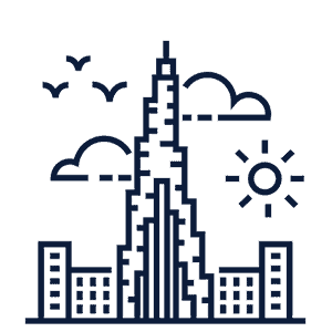 A line-art icon representing the Burj Khalifa and Dubai skyline for SGL's Experience Center in Deira, Dubai.