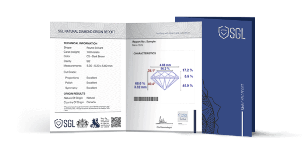 A detailed preview of SGL's Originassure™ Certificate, which documents the geographical origin and ethical sourcing of a diamond.