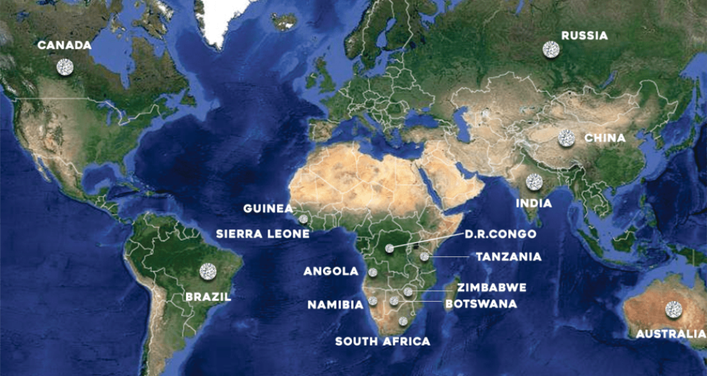 A world map of global diamond mining locations, used to determine diamond provenance and ensure the legitimacy of internationally traded gemstones.