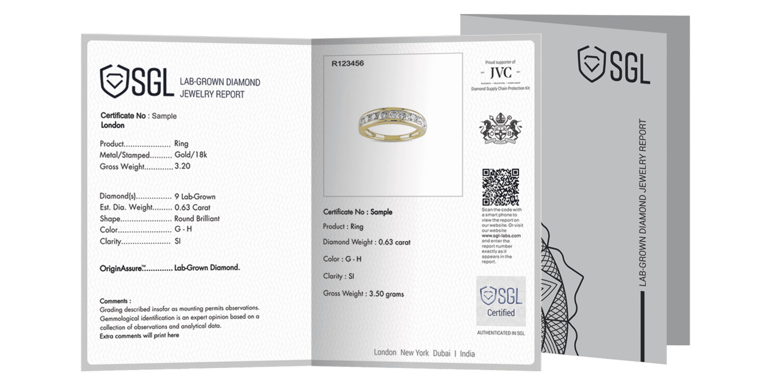Sample SGL laboratory report for jewelry containing multiple lab-grown diamonds, verifying the quality and origin of the synthetic stones.