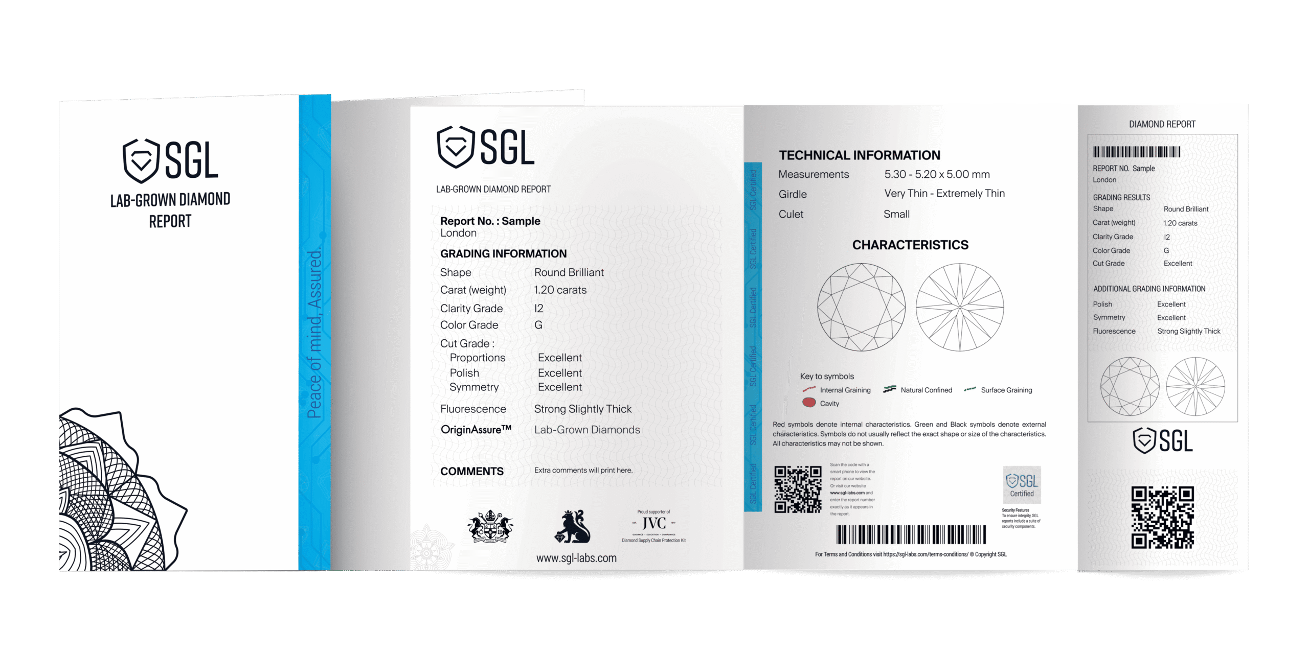 Sample of the compact SGL Lab Grown Diamond Mini Report, featuring a technical plotting diagram that maps the internal and external characteristics of the synthetic stone.