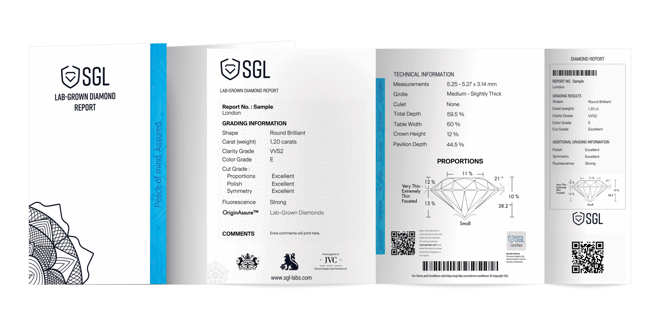Visual sample of the full SGL Lab Grown Diamond Report, providing detailed technical specifications, 4C grading, and origin verification for synthetic diamonds.