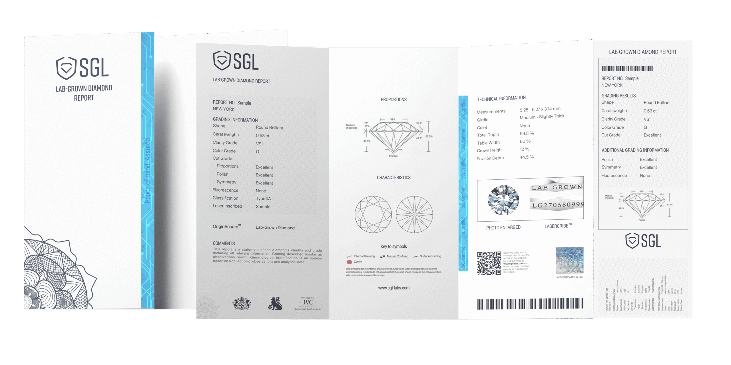 Visual of SGL lab-grown diamond certificate, including with clarity plots and proportions.
