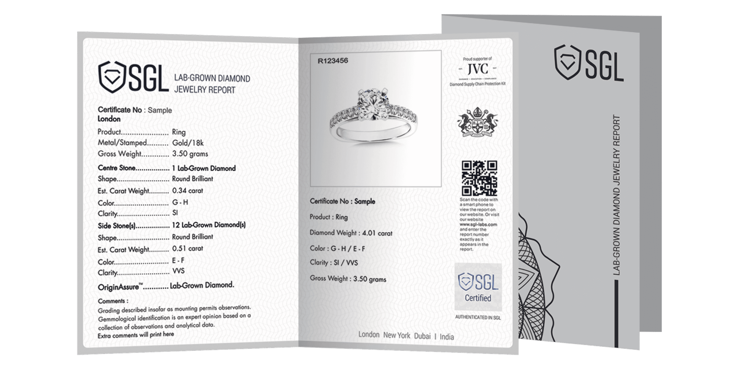 Technical sample of an SGL report for jewelry featuring a lab-grown solitaire diamond, documenting mounting details and synthetic stone grading.