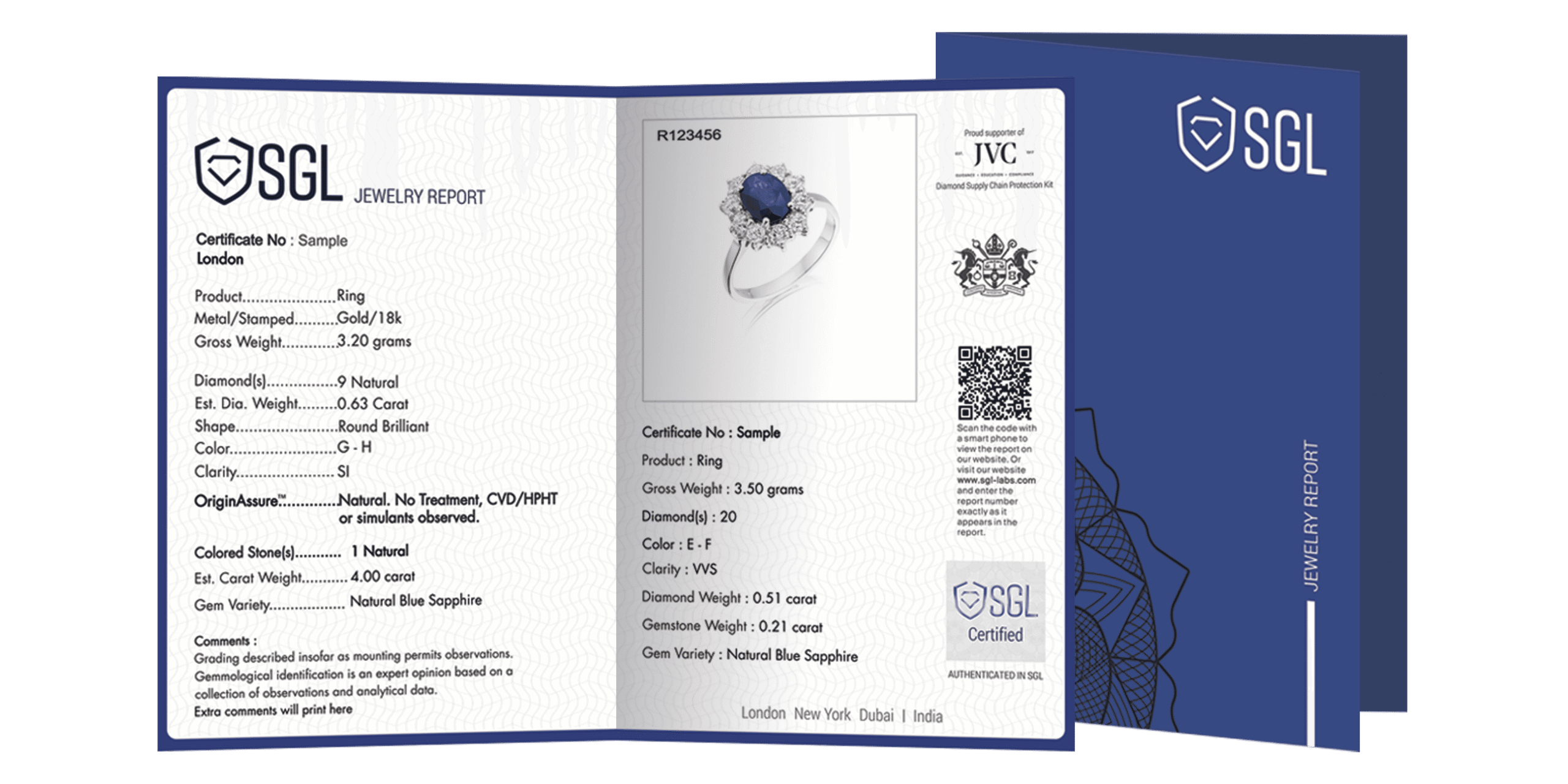 Comprehensive SGL certificate for a sapphire and diamond ring, detailing the grading for both the natural diamonds and the colored gemstone within the jewelry piece.