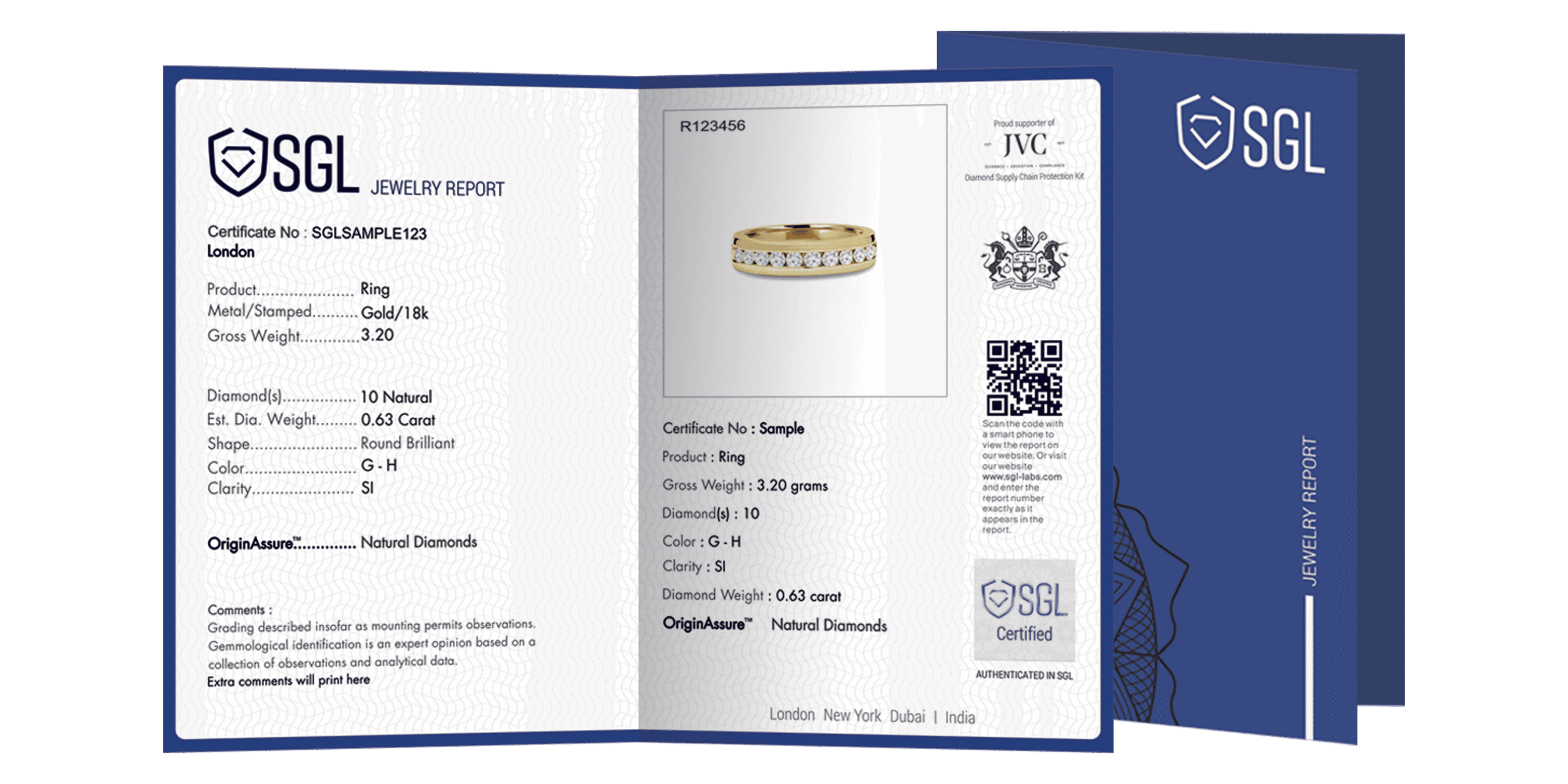 Sample SGL laboratory report for jewelry containing multiple natural diamonds, verifying quality and authenticity.