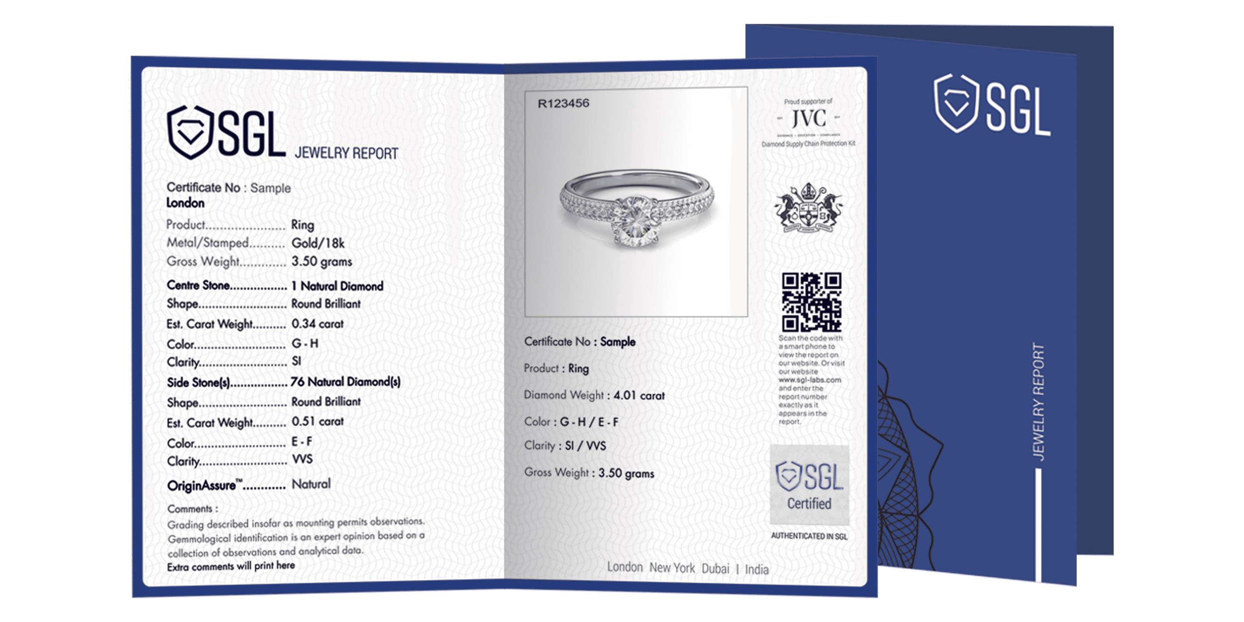 Technical SGL report sample for natural solitaire diamond jewelry, documenting specific stone grading and mounting details.