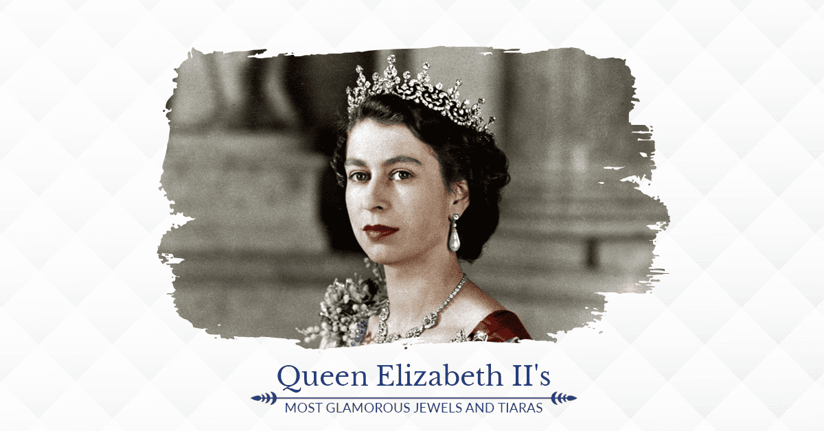 SGL Blog banner for Queen Elizabeth II's most glamorous jewels, featuring the crowns and tiaras from her collection.