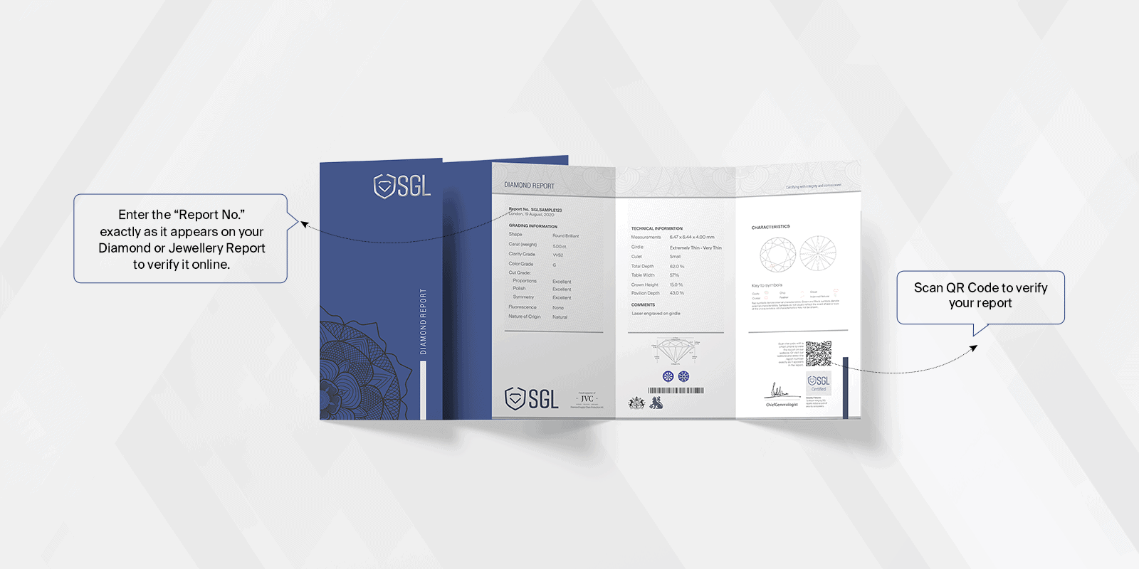 An instructional guide on how to verify diamond reports online using an SGL report number and integrated QR code validation.