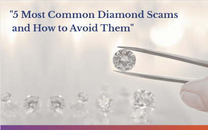 SGL educational banner: 5 Common Diamond Scams and How to Avoid Them, showing a jeweler inspecting a stone with tweezers.