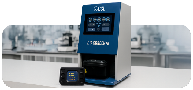 AI-powered SGL DiaScreen distinguishing natural from lab-grown diamonds using advanced photoluminescence.