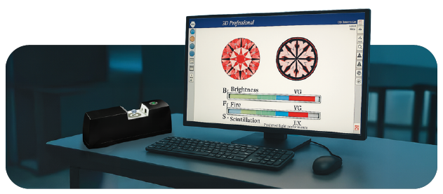SGL scientific analysis measuring a diamond's Fire, Brilliance, and Scintillation for precise quality grading.