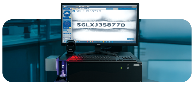 Microscopic SGL laser inscription being applied to a diamond's girdle to securely link it to its report.