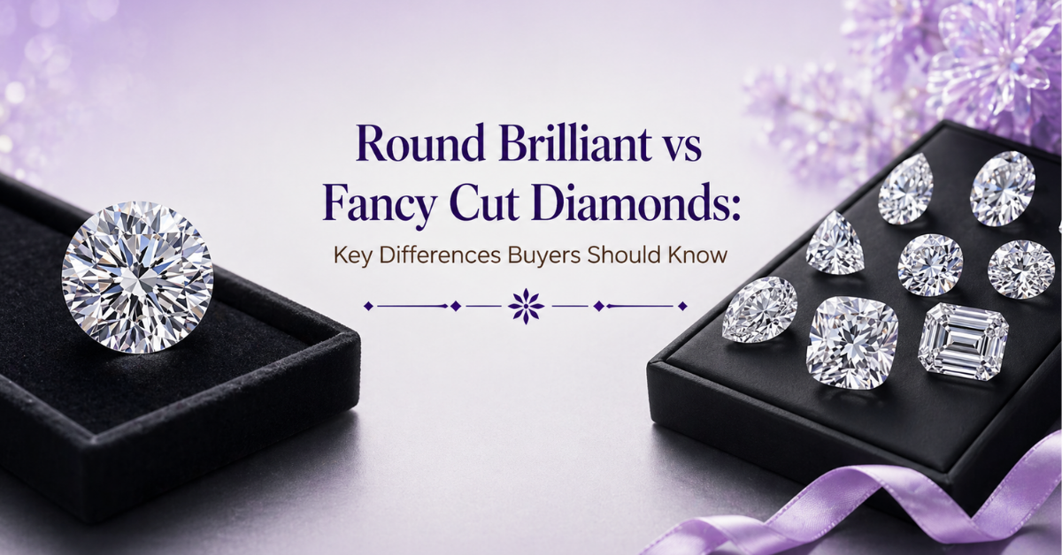 AI-generated blog banner comparing round brilliant vs fancy cut diamonds, highlighting key differences buyers should know, with diamond visuals on a soft grey and purple gradient background.