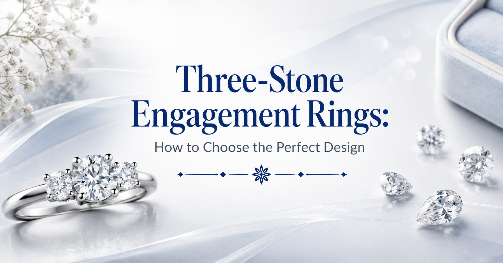 Three-stone engagement ring with round diamonds featured in a guide on choosing the perfect design