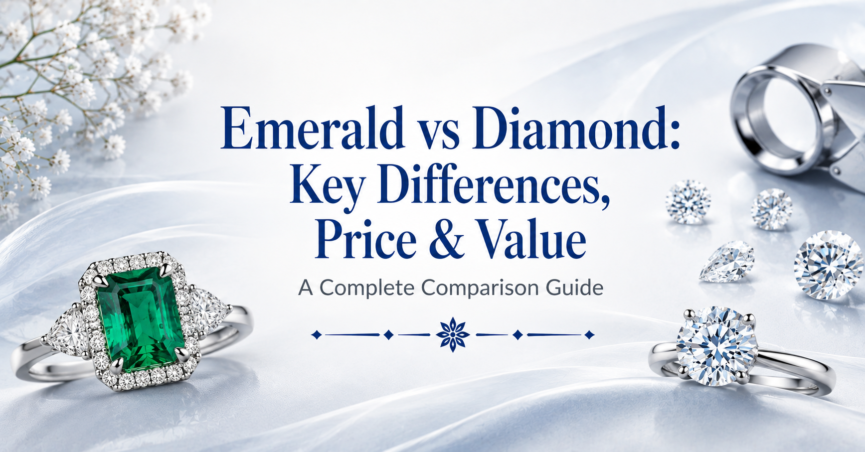 Emerald vs diamond comparison featuring emerald and diamond engagement rings