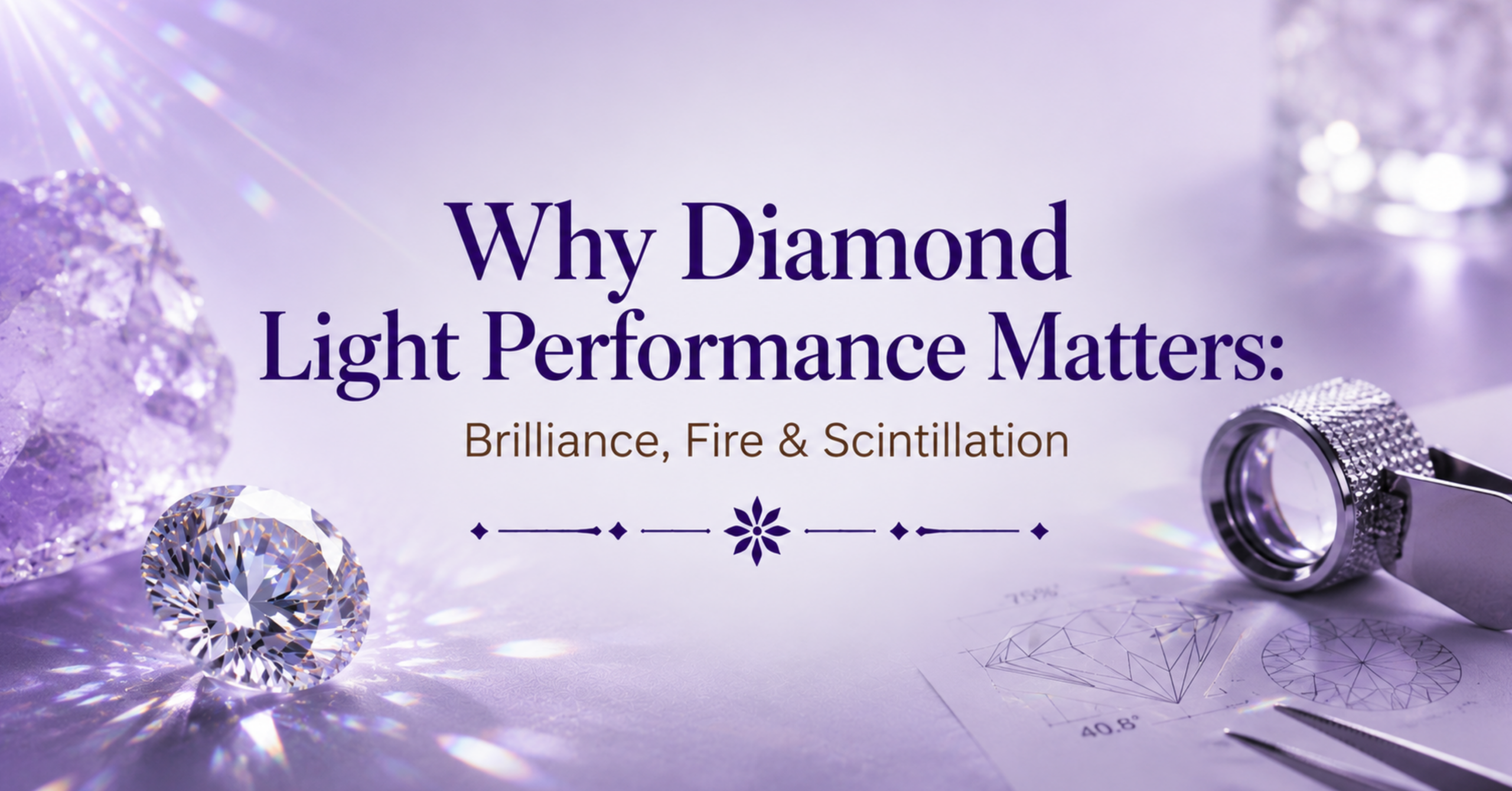 Diamond light performance showing brilliance, fire and scintillation with a round diamond, loupe and diamond cut diagrams.